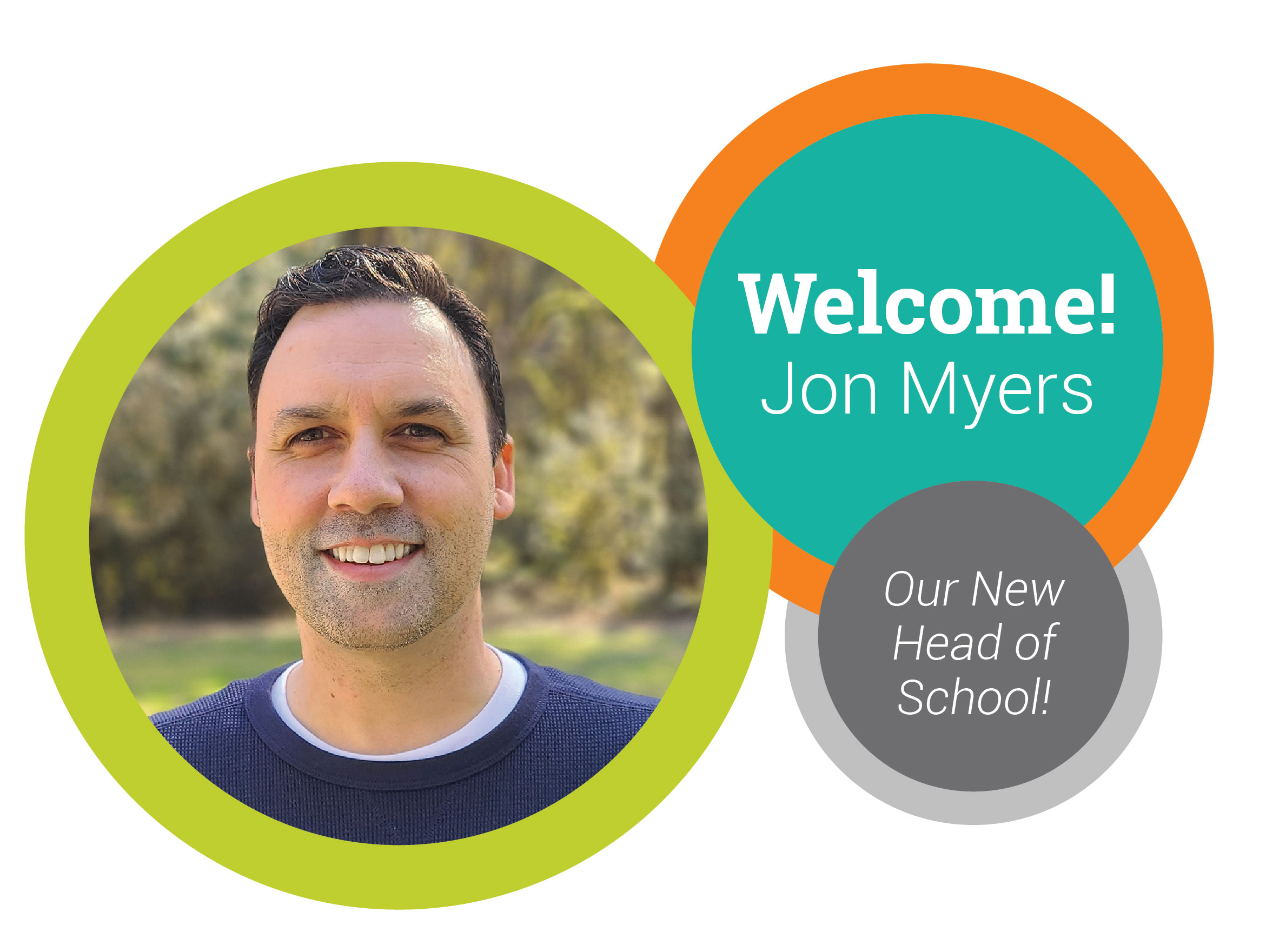 A graphic containing a portrait of Jon Meyers alongside the text, "Welcome Jon Meyers, our new head of school."